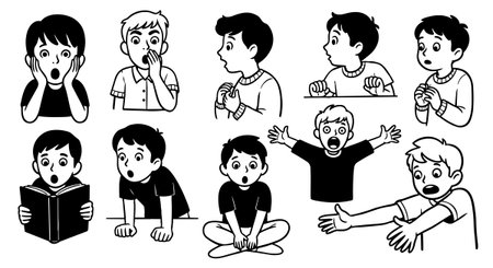 Comic style vector features black and white illustrations of children showing shock and surprise in different dynamic poses, capturing expressive emotions vividly and playfully.のイラスト素材