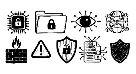 A set of hand drawn cybersecurity icons including lock microchip, protected folder, alert eye, firewall, warning triangle, shields, encrypted files, and global network security.のイラスト素材