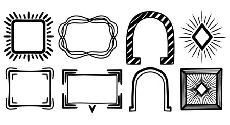 Collection of hand drawn black outline vector frames featuring square and arch shapes with decorative border elements, perfect for graphic design and print projects, artistic style.のイラスト素材