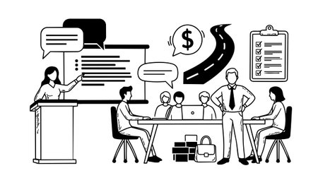 A clean black and white line art illustration of a business meeting showing a woman presenting, a man standing, and colleagues discussing finances and planning.のイラスト素材