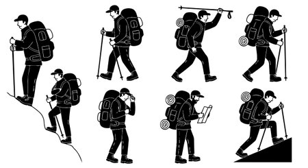 Black silhouette vector art shows hiker with backpack and trekking poles in various walking, climbing, and navigating poses for outdoor adventure design.のイラスト素材