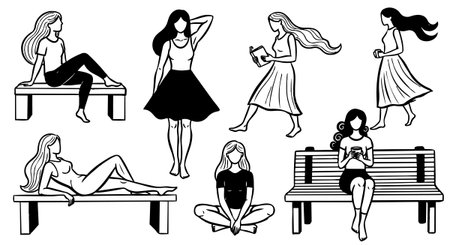 Stylized black and white vector line art features women in different casual poses including sitting, reading, walking, and using a phone in peaceful moods.のイラスト素材