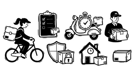 Hand drawn vector style illustration shows a delivery woman riding a bike, a courier holding parcels, a scooter with clock, security shield, and home with package symbolizing fast, secure shipping.のイラスト素材