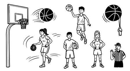 Black and white line art vector shows children playing basketball, dribbling and shooting hoops with a referee holding a whistle in a sports setting, dynamic and energeticのイラスト素材