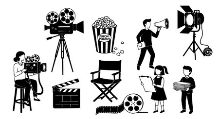A collection of black and white flat design icons featuring a director chair, classic film camera, popcorn, clapperboard, and film crew members in various roles.のイラスト素材