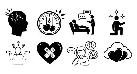 Black and white vector icons depict headache, heart therapy timer, psychotherapy session, emotional confusion, and mental health support in minimalist style.のイラスト素材