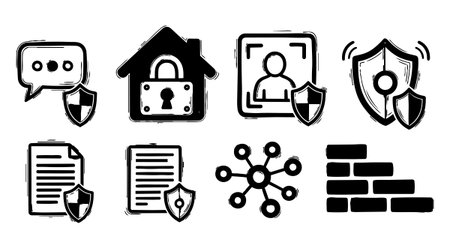 A collection of hand drawn cybersecurity icons including shielded chat, home lock, user identification, document security, network, and firewall concepts, simple black and white style.のイラスト素材