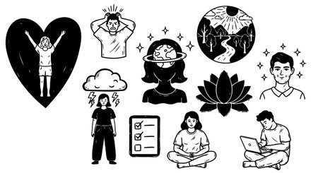 A collection of black and white minimalist vector icons illustrating mental health concepts, meditation, stress relief, productivity checklist, and nature elements with calm expressions.のイラスト素材