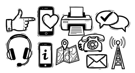 Hand drawn black and white communication icons including phone, messages, headset, map, printer, and mail, showing diverse connectivity tools and concepts, simple styleのイラスト素材