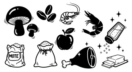 Hand drawn black and white vector icons including mushrooms, shrimp, coffee beans, grains, apple, raw, butter, and a salt shaker, displayed simply and clearly.のイラスト素材