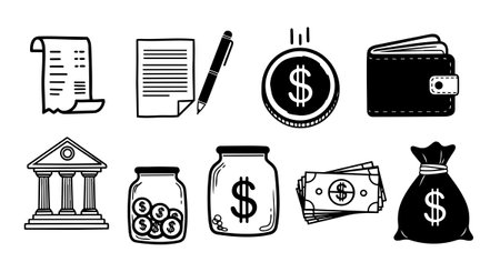 A collection of hand drawn money related icons featuring sketch style elements like a wallet, bank, dollar coin, cash bills, and jars filled with coins and cash, simple black line art imagery.のイラスト素材