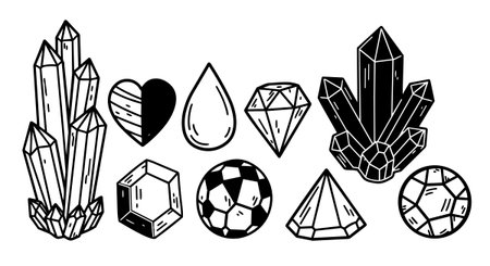 Collection of hand drawn crystals, gems, diamonds, and heart shapes in black and white line art style for design and decoration, simple and elegant.のイラスト素材