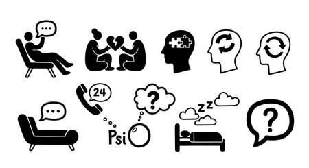 Collection of minimalist black vector icons depicting therapy, mental health, consultation, 24 hour support, sleep concept, and cognitive process symbols in flat design styleのイラスト素材