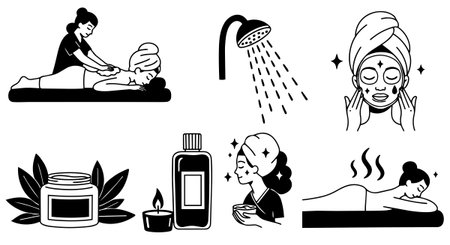 Black and white vector art shows spa scenes including massage therapy, facial skincare, shower, aromatherapy bottle with candle, and relaxation symbols for wellness themes.のイラスト素材