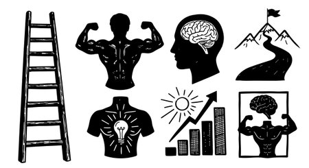 Black silhouette icons including a muscular figure flexing, brain inside a head, ladder, mountain with flag, growth chart, and light bulb symbolizing ideas and progress.のイラスト素材