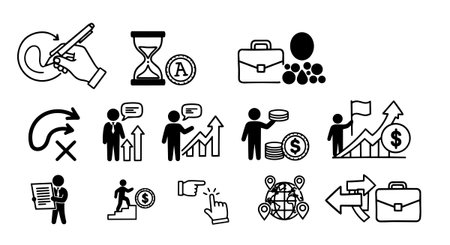Set of black and white vector icons depicting various business actions such as growth charts, money management, decision arrows, and global connectivity with clean minimal style.のイラスト素材