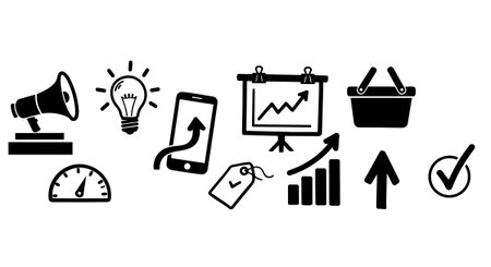 Black minimalist vector icons illustrate business growth, marketing, shopping, speed, success, and analytics in a clean flat design for web and print usage.のイラスト素材