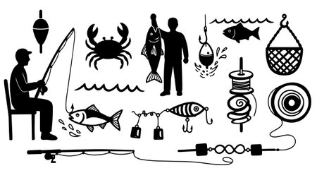 A collection of black silhouette fishing icons includes an angler holding a fish, crab, fishing rod, hooks, bobbers, and fishing line in flat vector style.のイラスト素材