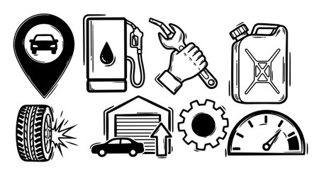 Black and white hand drawn vector icons depicting car maintenance including speedometer, fuel pump, tire, wrench, gear, garage, and fuel canister for automotive graphics.のイラスト素材