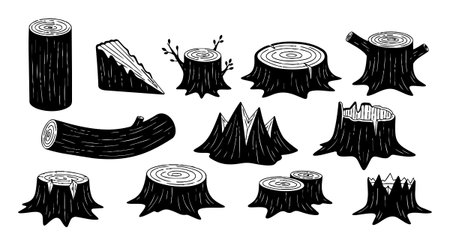 A set of black silhouette tree stumps and wood logs in assorted shapes and cuts, illustrating natural wood textures and isolated composition, flat design style, peaceful moodのイラスト素材