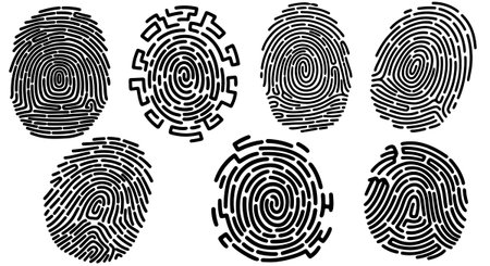 Collection of unique fingerprint patterns designed as black vector icons with smooth lines and curves, suitable for security, identification, or technology projects in a minimalist styleのイラスト素材