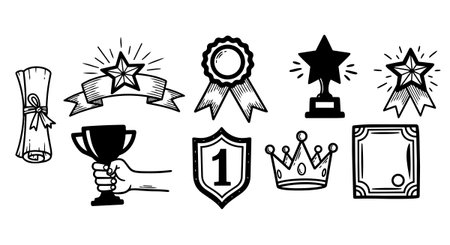 Hand drawn black and white vector set of trophies, ribbons, stars, certificate scroll, crown, and shield icons for award and recognition designs, simple and professional.のイラスト素材