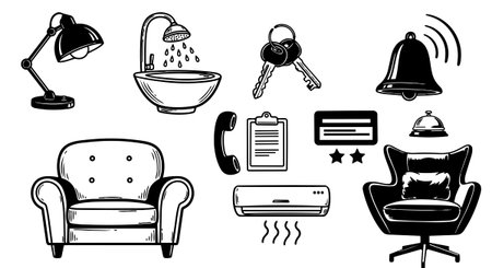Hand drawn style vector icons display home and office related objects such as an armchair, lamp, shower, keys, bell with ringing effect, phone receiver, clipboard, and air conditioner emitting heat, creating a versatile collection with vintage engraving mood.のイラスト素材