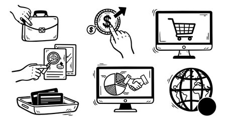 Black and white hand drawn business icons include briefcase, digital marketing, finance growth, computer handshake, and global connections in a minimalist style.のイラスト素材
