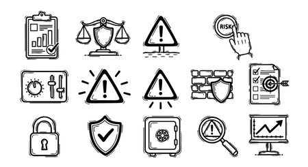 A collection of hand sketched monochrome icons featuring security symbols, risk alerts, and data charts for digital use and print design projects, minimalistic style.のイラスト素材