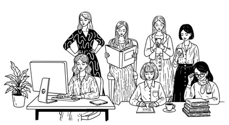 Detailed black and white line art depicts seven women collaborating in an office setting reading, writing, and using digital devices with a calm focused mood.のイラスト素材