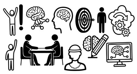 A collection of black and white conceptual vector icons including brain with connections, person silhouette, handshake, target with arrow, and gears symbolizing process and mindfulness.のイラスト素材