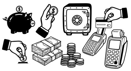 Monochrome vector showcases various money related actions including inserting coins, using card terminals, and displaying cash stacks in flat designのイラスト素材