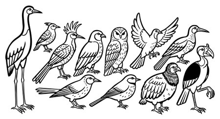 Vector line art collection of different wild birds in various poses including standing, perched, and flying with detailed feathers and outlines, simple monochrome style.のイラスト素材