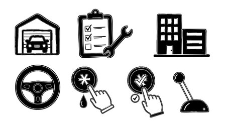 A collection of black and white vector icons depicting automotive, office, and control elements with simple line art style for web, apps, and print use, minimalistic and clear.のイラスト素材