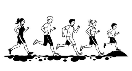Dynamic black and white line art showing five people running in athletic wear along a trail, illustrating fitness, teamwork, and active lifestyle in a clean minimal style.のイラスト素材