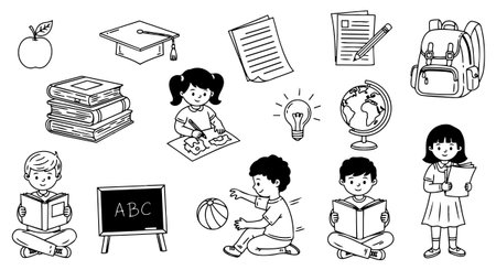 Black and white educational vector set displays children reading, writing, playing, and school objects for learning themes with simple line art style and clear design.のイラスト素材