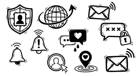A collection of hand drawn vector icons including shield profile, padlock, email alerts, and social media heart notifications in black and white sketch style, versatile and clear.のイラスト素材