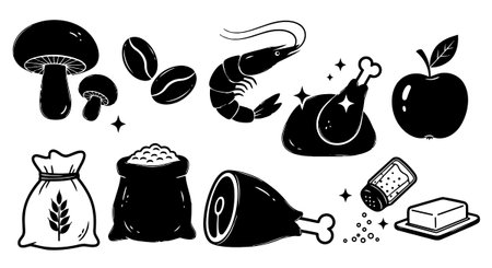 Simple black and white vector food icons showing mushrooms, shrimp, roasted chicken, apple, grain sack, raw, salt, and butter in minimalist silhouette style, clean and versatile.のイラスト素材