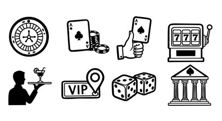 Minimalist vector icons depicting classic casino elements such as roulette, poker, slot machine, dice, vip sign, and cocktail service with clean line art style, balanced composition, versatile and sleek.のイラスト素材