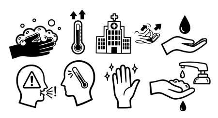 Set of clean vector icons illustrating hand hygiene, temperature checks, hospital care, and infection prevention in a minimalist black and white style for health awareness.のイラスト素材