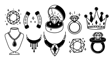 Minimalist black and white vector icons of sparkling diamonds, rings, necklaces, and a crown, suitable for jewelry branding and design projects with a clean aesthetic.のイラスト素材