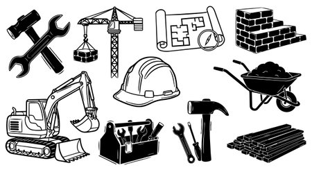 Set of black and white construction themed vector icons showing heavy machinery, tools, safety equipment, building materials, and architectural plans for graphic design and print projects with clean and simple styleのイラスト素材