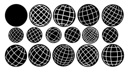 A collection of fifteen black and white globe vector icons featuring diverse grid designs and spherical forms, suitable for maps, navigation, and global concepts, minimalistic style.のイラスト素材