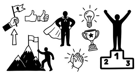 A set of flat design vector graphics including mountain climber with flag, cheering figure on podium, superhero stance, light bulb idea, trophy and applause icons illustrating achievement and success, vibrant and motivational.のイラスト素材