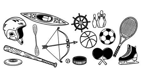 A diverse set of hand sketched sports equipment in black and white vector style, showing various balls, boating gear, ice skate, and rackets with a casual artistic feel.のイラスト素材