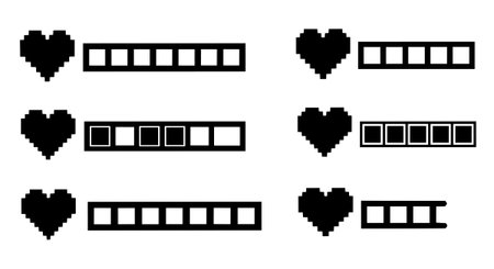 A pixel art collection of black heart icons paired with different loading bars representing health or progress, fitting retro video game interfaces and app design.のイラスト素材
