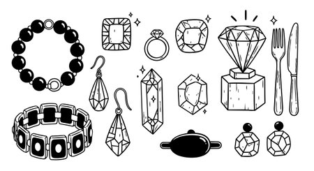 Monochrome line drawing showing various diamond jewelry pieces including rings, bracelets, earrings, and loose gemstones with sparkling details in minimalist style.のイラスト素材