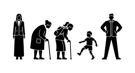 A flat design silhouette vector shows multigenerational figures in side view used for infographics signage editorial layouts conveying age diversity and neutral tone.のイラスト素材