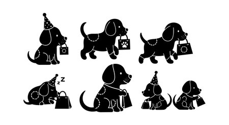 A playful puppy vector set shows silhouettes wearing party hats and holding gift bags for icons stickers and childrens party designs cheerfulのイラスト素材