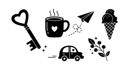 A flat design icon set displays a heart key mug paper plane car ice cream and berry branch for branding social media and print projects playfulのイラスト素材